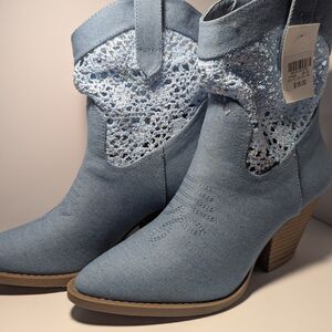 Forever Light Blue Crochet Heeled Boots
